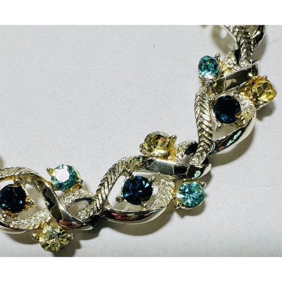 Vtg Coro Eyes Silver-Tone Necklace With Two-Tone Blue & Yellow Rhinestones READ - Picture 2 of 7